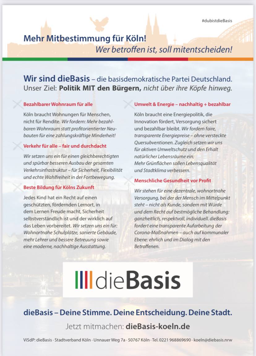 dieBasisKoeln's tweet photo. Die Kommunalwahl steht an und wir wollen antreten.
Dafür brauchen wir Deine Unterstützerunterschrift!

Bitte mach mit, damit wir für Köln aktiv werden können!
Unterzeichnen ist noch bis kommenden Sonntag möglich.

Alle Infos unter:
https://t.co/nyhYrkVUhc https://t.co/pOHpp4LSwJ