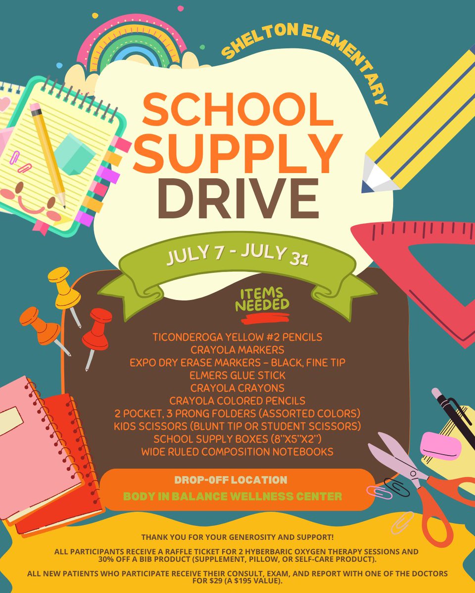 BodyinBalanceCO's tweet photo. 🚨#BodyInBalance Annual School Drive 

📝Collecting items to benefit Shelton Elementary School

🗓️Monday, July 7th through Thursday, July 31st

📍Body In Balance Wellnes Center https://t.co/ubVmeK2kCp