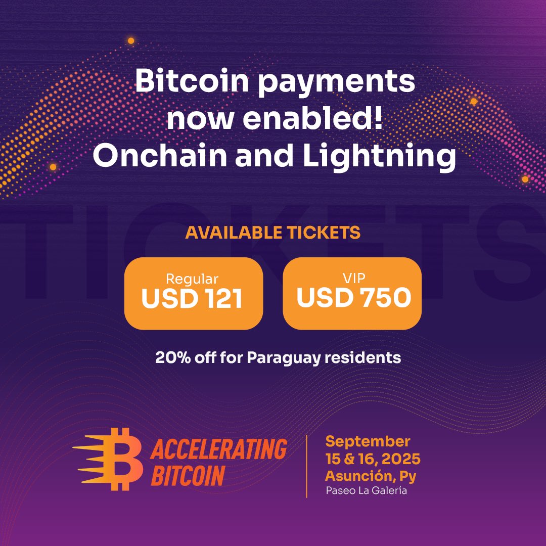 acceleratingbtc's tweet image. 🚨 You can now buy your ticket with #Bitcoin: Onchain and Lightning accepted! ⚡
🔥 20% OFF for Paraguay residents 🇵🇾