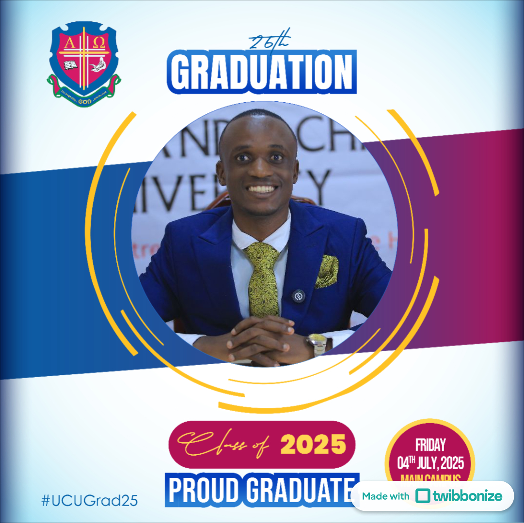 Drop a kind word for Mr. President- Waiswa Moses.

Having excellently served as UCU Kampala Campus Guild President, Moses has also excelled in his Bachelor of Laws course, scoring a first class, with CGPA 4.46. #ucugrad25