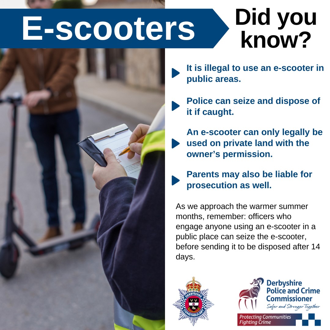 ⚠️ E-Scooters &amp; The Law – Know the Facts ⚠️
Students, Parents &amp; Carers – please read carefully,
Let’s work together to keep our young people safe and within the law.
#EScooterSafety #KnowTheLaw #StudentSafety #ParentAlert #CommunitySafety #derbyshirepoliceandcrimecommissioner