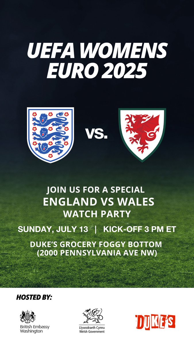 Wales in North America ๐ด๓ ง๓ ข๓ ท๓ ฌ๓ ณ๓ ฟ (@walesinna) on Twitter photo Will you be in Washington, DC on July 13? ๐
Come join us and our friends with <a href="/UKinUSA/">British Embassy Washington</a> at <a href="/DukesGrocery/">Duke's Grocery</a> in Foggy Bottom for a watch party event for the upcoming <a href="/Lionesses/">Lionesses</a> v <a href="/Cymru/">Wales ๐ด๓ ง๓ ข๓ ท๓ ฌ๓ ณ๓ ฟ</a> match! โฝ๏ธ๐ด๓ ง๓ ข๓ ท๓ ฌ๓ ณ๓ ฟ๐ด๓ ง๓ ข๓ ฅ๓ ฎ๓ ง๓ ฟ
More details below. ๐ Will you be in Washington, DC on July 13? ๐
Come join us and our friends with <a href="/UKinUSA/">British Embassy Washington</a> at <a href="/DukesGrocery/">Duke's Grocery</a> in Foggy Bottom for a watch party event for the upcoming <a href="/Lionesses/">Lionesses</a> v <a href="/Cymru/">Wales ๐ด๓ ง๓ ข๓ ท๓ ฌ๓ ณ๓ ฟ</a> match! โฝ๏ธ๐ด๓ ง๓ ข๓ ท๓ ฌ๓ ณ๓ ฟ๐ด๓ ง๓ ข๓ ฅ๓ ฎ๓ ง๓ ฟ
More details below. ๐