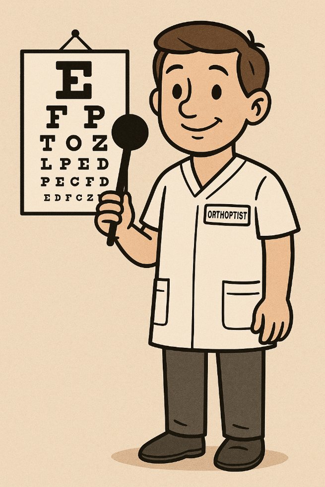 ORTHOPTIST

Orthoptists are degree trained, specialising in eye movements and highly skilled vision testing.
They are able to test babies &amp; children or people with learning disabilities
You may see an orthoptist for conditions such as squints, stroke or double vision
#Orthoptist