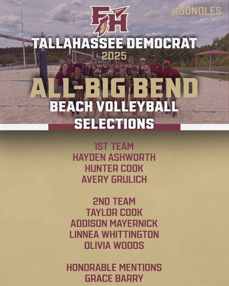 🏐 Beach Volleyball All-Big Bend Teams Announced!

We’re thrilled to celebrate &amp; congratulate a record-shattering season with 3 First Team, 4 Second Team &amp; 1 Honorable Mention selections!

Proud of our All-Big Bend awardees and all they accomplished on the sand! 👏🔥
