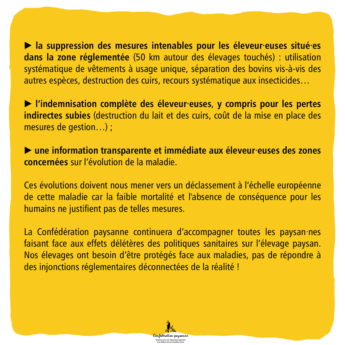 🚨Dermatose Nodulaire Contagieuse (DNC) : la Confédération paysanne demande un changement radical et immédiat de politique sanitaire. 👇
✍ confederationpaysanne.fr/actu.php?id=15…