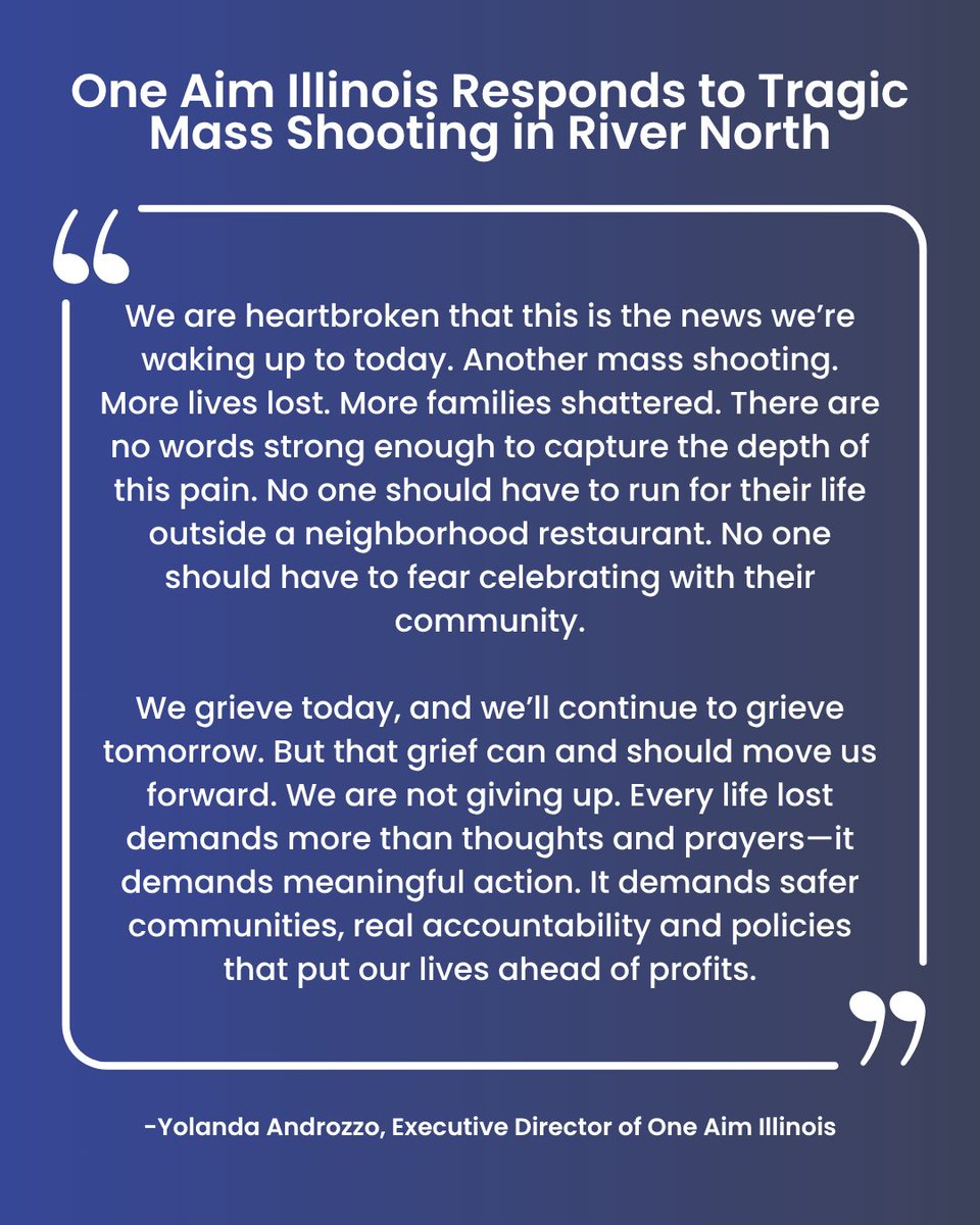 Four lives lost. Fourteen wounded. This is what gun violence looks like in our city—and it’s unacceptable. Read @OneAimIL Executive Director Yolanda Androzzo’s response. #EndGunViolence #OneAimIllinois