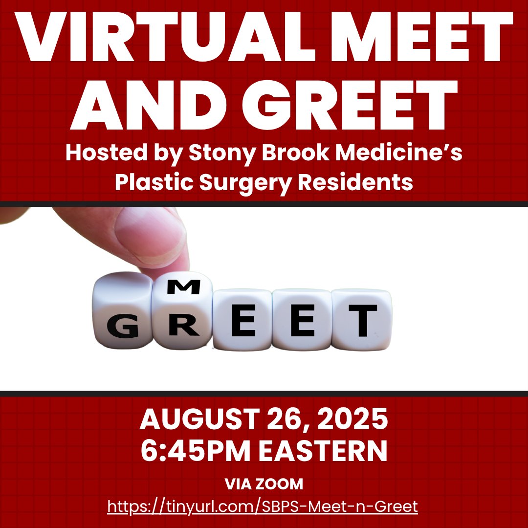 Stony Brook Department of Surgery (@sbmsurgery) on Twitter photo ATTENTION #MEDICALSTUDENTS INTERESTED IN #PLASTICSURGERY: Join our Stony Brook Medicine Plastic Surgery residents for a virtual meet and greet to learn more.
<a href="/ACEPSedu/">American Council of Educators in Plastic Surgery</a>
August 26, 2025 at 6:45 PM via ZOOM.
tinyurl.com/SBPS-Meet-n-Grā¦
Meet ID: 940 7927 4909
Passcode: 444699 ATTENTION #MEDICALSTUDENTS INTERESTED IN #PLASTICSURGERY: Join our Stony Brook Medicine Plastic Surgery residents for a virtual meet and greet to learn more.
<a href="/ACEPSedu/">American Council of Educators in Plastic Surgery</a>
August 26, 2025 at 6:45 PM via ZOOM.
tinyurl.com/SBPS-Meet-n-Grā¦
Meet ID: 940 7927 4909
Passcode: 444699