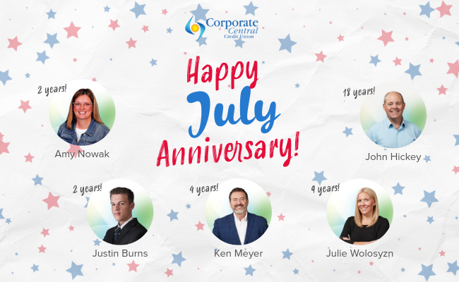 Join us in celebrating our July work anniversaries. 🎉 We’re thrilled to honor the amazing team members reaching milestones this month. Your hard work, dedication, and enthusiasm continue to drive our mission forward.

#CorporateCentral #WorkAnniversary #CUDifference