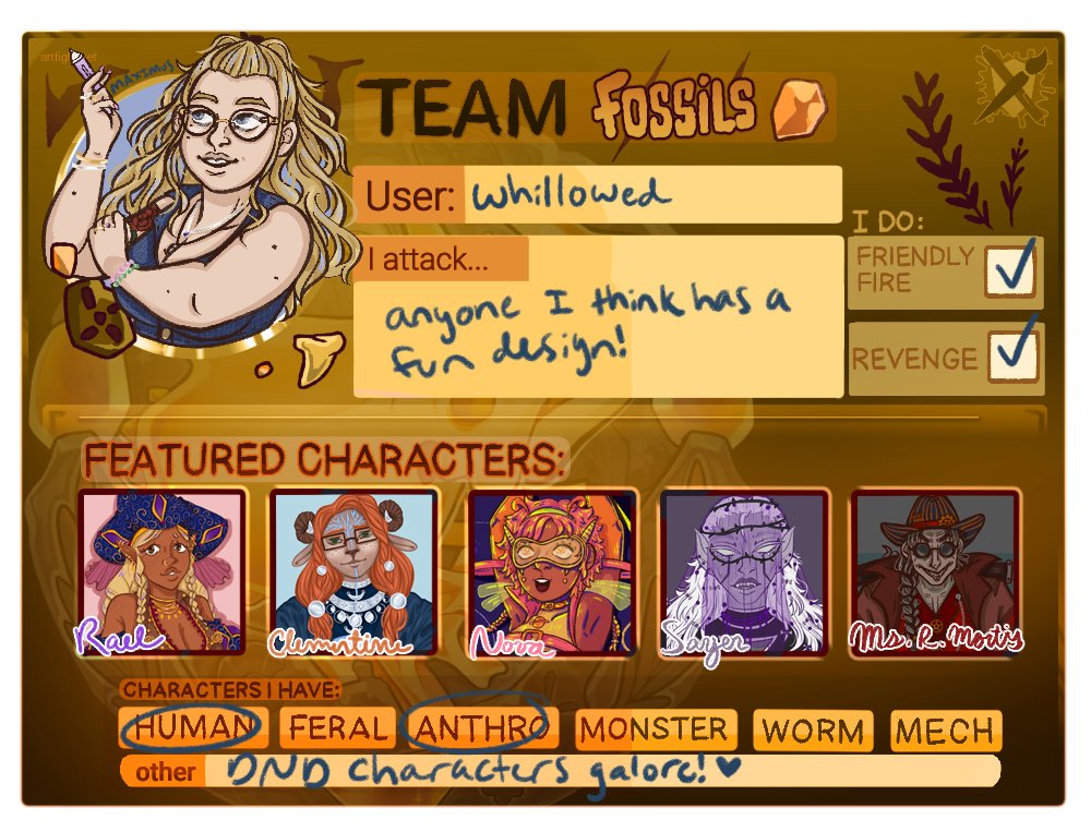 whillowed's tweet photo. hey everyone, long time no see. i'm doing #artfight2025  again this year!! let's go team fossils🍖 https://t.co/Fejwcue3ZJ