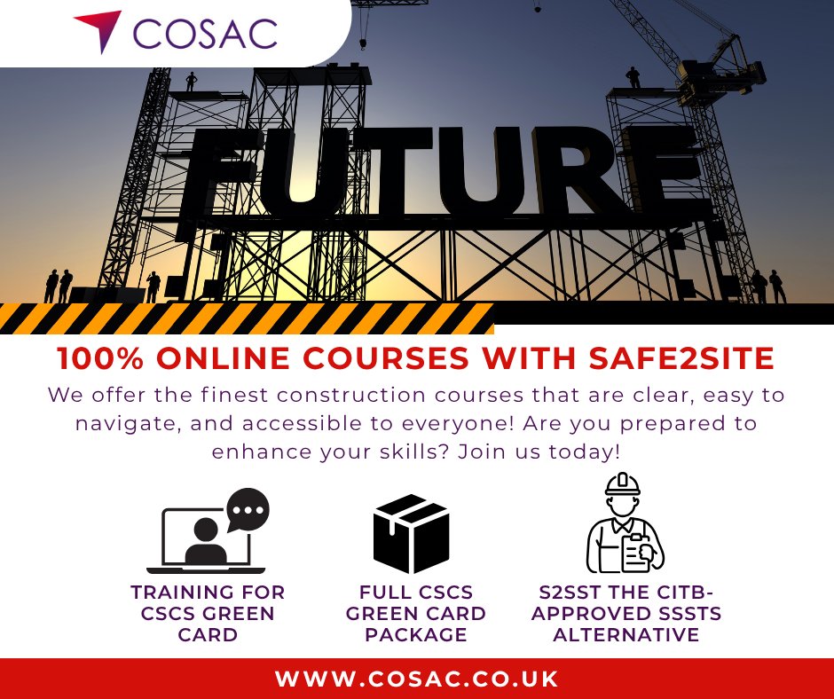 The future is under construction... literally.

Safe2Site courses are 100% online - no boots, no bus, no bad coffee.

Get your #CSCS Green Card
Upgrade your skills 
All from the comfort of anywhere!

👉 cosac.co.uk

#citb #sssts #cscsgreencard #construction #engineer