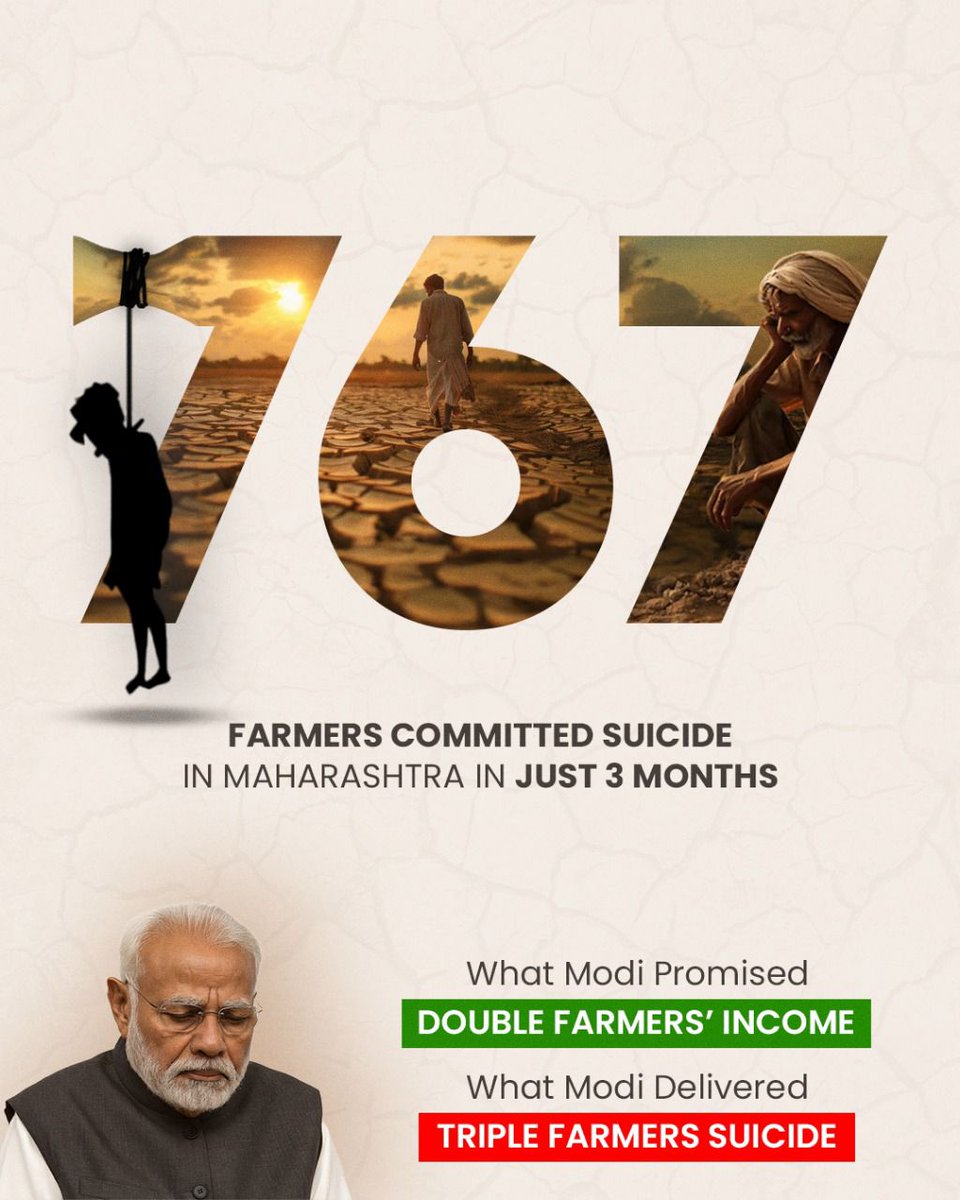 2025 के शुरुआती 3 महीनों में महाराष्ट्र में 767 किसानों ने आत्महत्या कर ली।

ये आंकड़ा बेहद चौंकाने वाला है, जो मोदी सरकार में किसानों की बदहाली बयां कर रहा है।