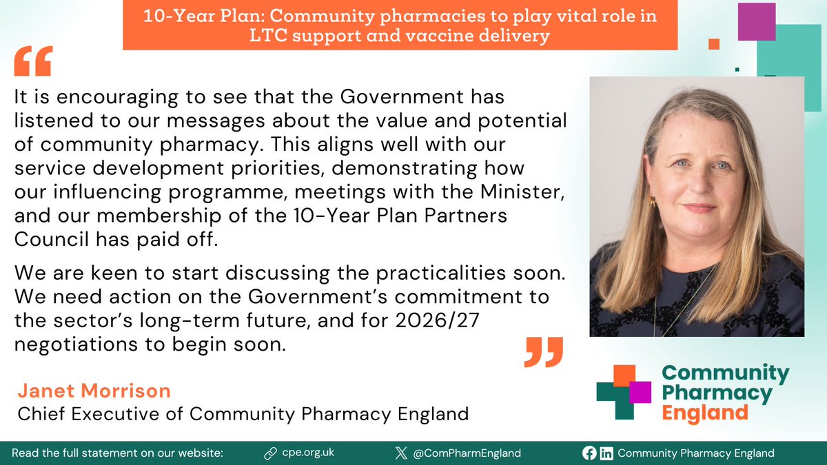 Community Pharmacy England (@compharmengland) on Twitter photo Our Chief Executive, <a href="/JanetMorrisonUK/">Janet Morrison</a>, has issued a response to the Government’s announcement of the 10-Year Health Plan for England.
Read the full statement 🔗 bit.ly/3TTnUP3 Our Chief Executive, <a href="/JanetMorrisonUK/">Janet Morrison</a>, has issued a response to the Government’s announcement of the 10-Year Health Plan for England.
Read the full statement 🔗 bit.ly/3TTnUP3