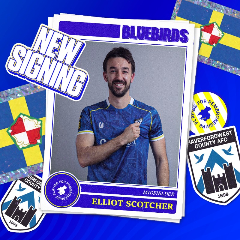 HaverfordwestFC's tweet photo. Haverfordwest County are delighted to welcome Elliot Scotcher back to the club ahead of the 2025-26 season! 💙🤝