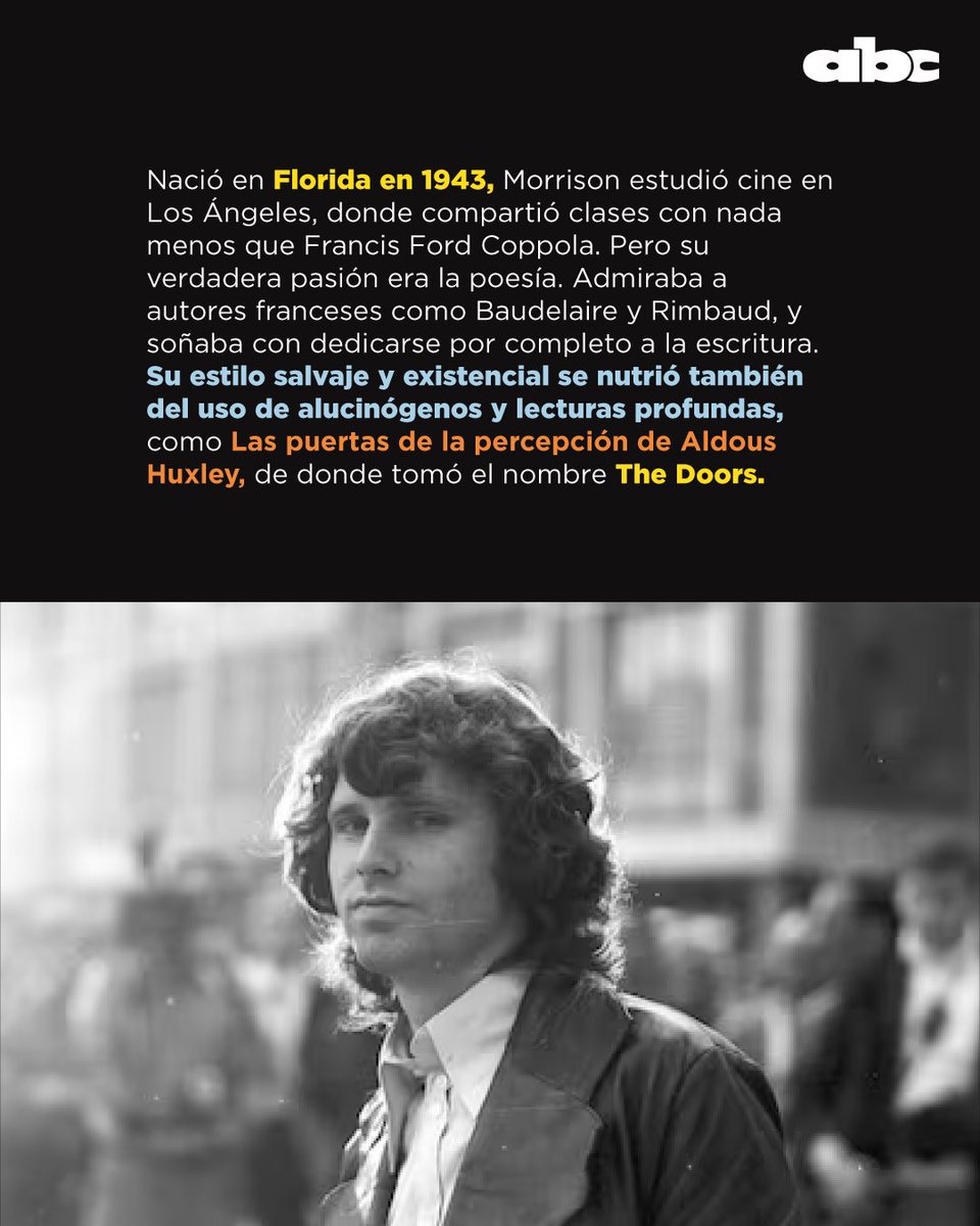 Romance985's tweet photo. 👑¡Recordamos al eterno Rey Lagarto!🦎

✨ Hoy se cumplen 54 años de la muerte de uno de los artistas más controversiales de la historia del rock: Jim Morrison.🎸

🎙️ Fue vocalista de la banda estadounidense “The Doors” y falleció el 3 de julio de 1971 a los 27 años en Francia. 🇫🇷 

Hoy te contamos más sobre él en este carrusel 👉

¿Cuál es tu canción favorita? 👇

98.5FM🎧 Solo Éxitos.
🔗https://t.co/1xieAzYSd5