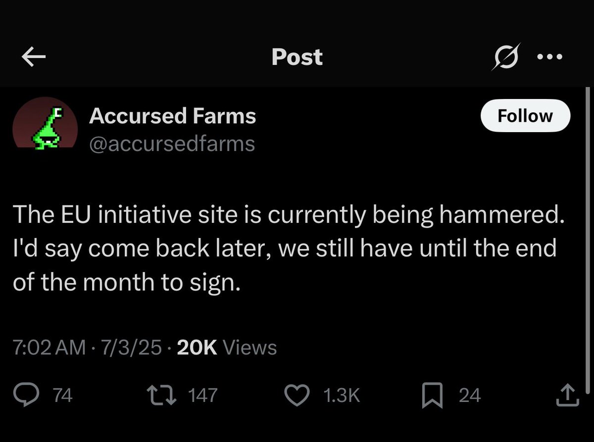 The Stop K*lling Games EU initiative website is currently down with only 655 signatures needed to reach the 1 million goal