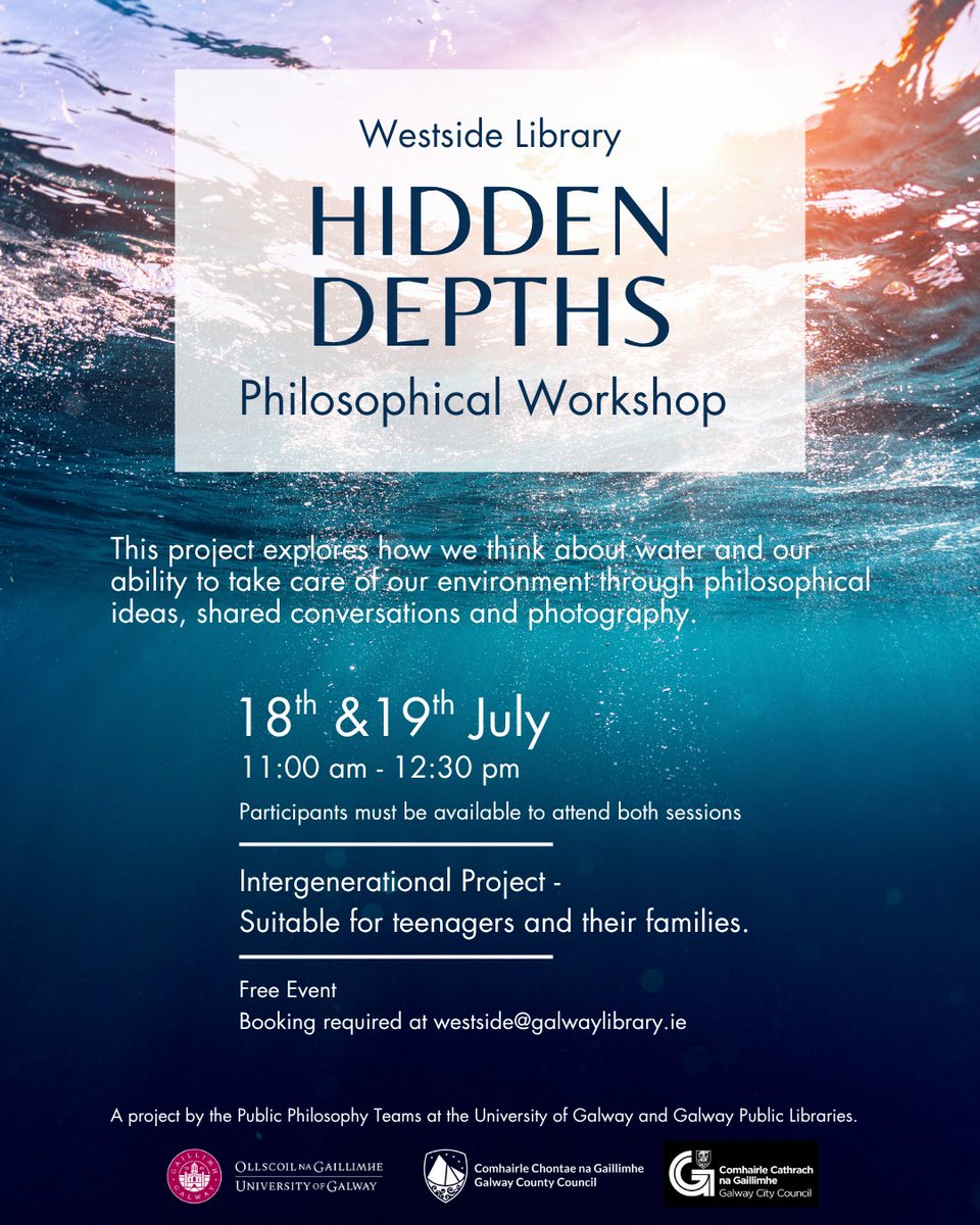 Westside Library (@westsidelib) on Twitter photo 🌊 Hidden Depths 🌊
Ready to dive deep into life’s big questions—with your phone in hand? Bring your curiosity, your camera, and your family.
Led by the <a href="/uniofgalway/">Ollscoil na Gaillimhe | University of Galway</a> public philosophy teams in partnership with <a href="/LibrariesGalway/">Galway Libraries</a> and funded by the University's sustainability office 🌊 Hidden Depths 🌊
Ready to dive deep into life’s big questions—with your phone in hand? Bring your curiosity, your camera, and your family.
Led by the <a href="/uniofgalway/">Ollscoil na Gaillimhe | University of Galway</a> public philosophy teams in partnership with <a href="/LibrariesGalway/">Galway Libraries</a> and funded by the University's sustainability office