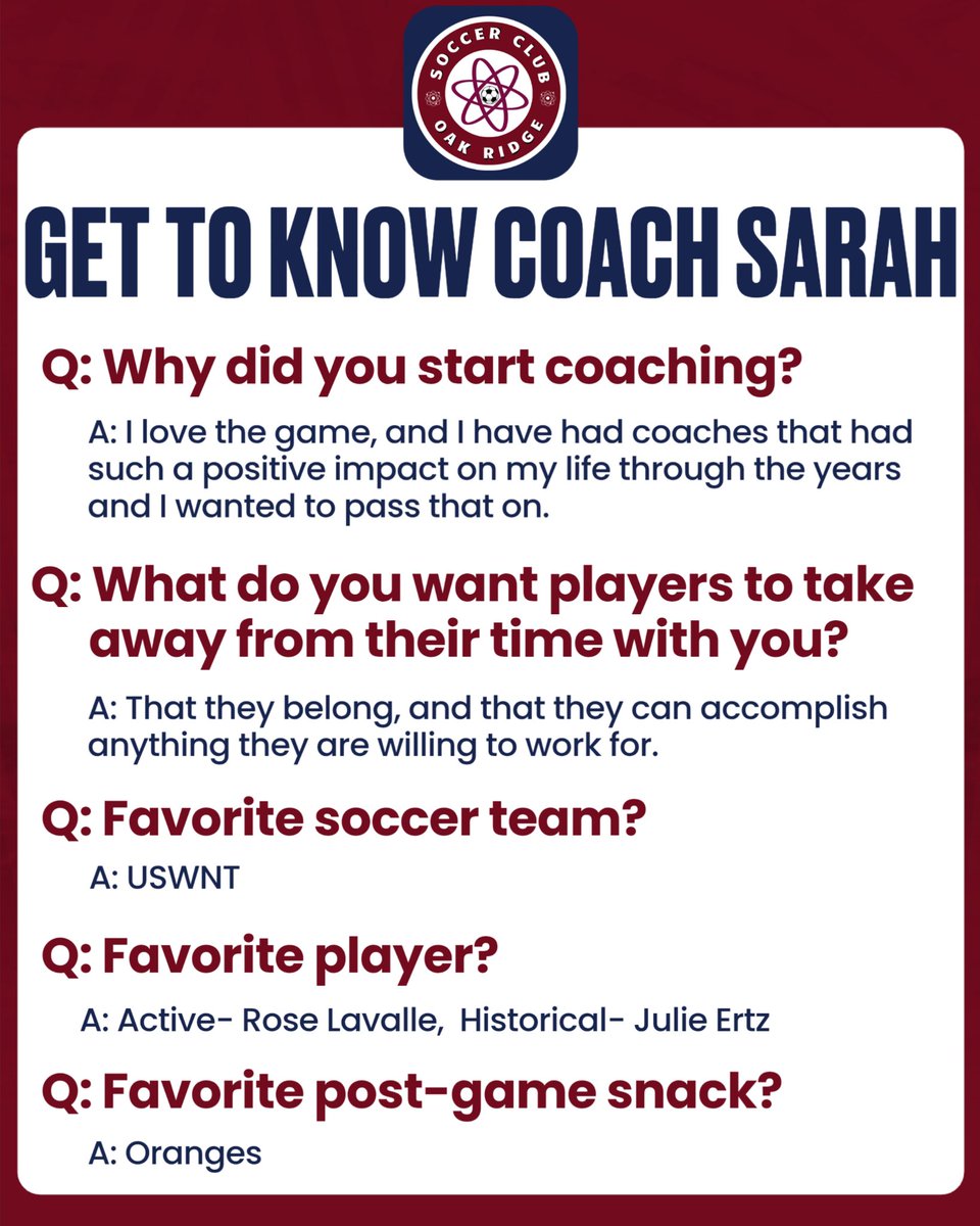 Meet The Coach!
Today is the assistant coach for our 2016 Boys! 
Coach Sarah has been involved in many aspects of soccer from player to coach to director of operations!