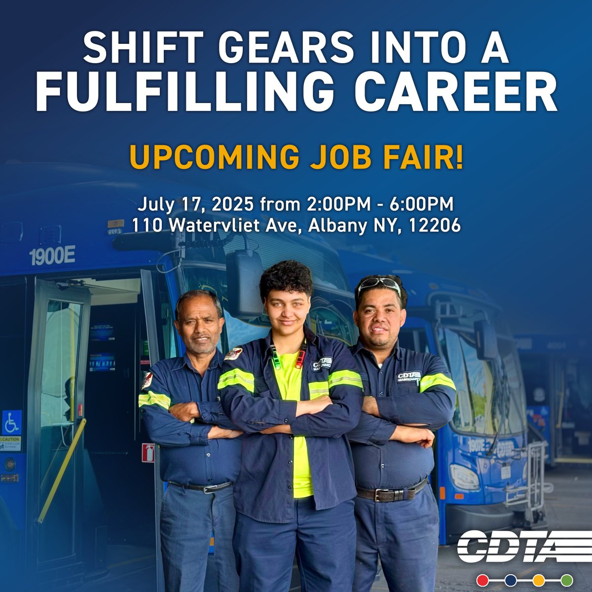 🔔 We are hosting a job fair on July 17, 2025 from 2-6PM at our Albany headquarters (110 Watervliet Avenue, Albany NY, 12206). Participate in an on-site interview and learn more about our benefits and opportunities! View our open positions: cdta.org/apply