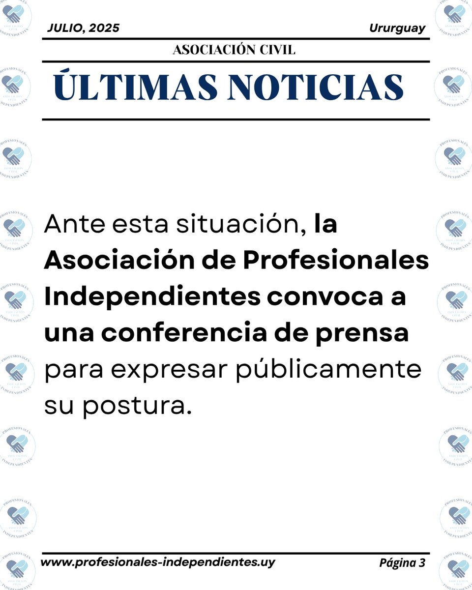 ProfesionalesI7's tweet photo. 📢 CONFERENCIA DE PRENSA

🗓 Viernes 4 de julio
🕧 12:30 horas
📍 Club Español (18 de Julio 1332 esq. Ejido)
👉 En defensa de la Caja Profesional

 #leyexpress #cajaprofesional #profesionalesindependientes #afaps #iass https://t.co/OLOTf316T2
