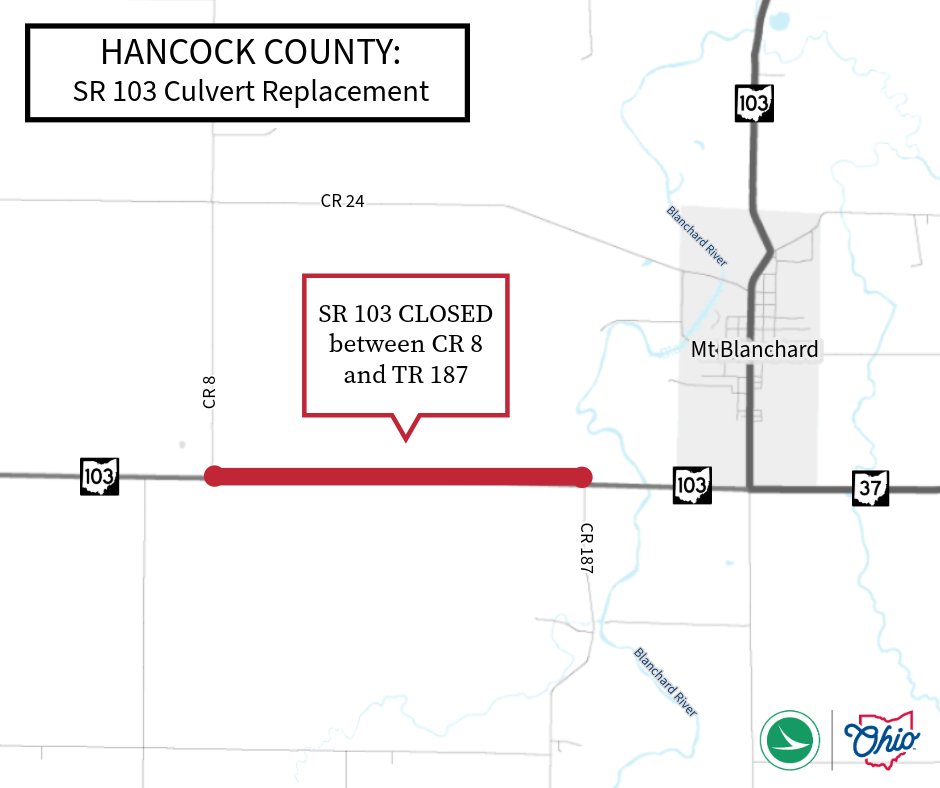 ODOT_NWOhio's tweet image. HANCOCK COUNTY: SR 103 between CR 8 and TR 187 will close on Monday, July 7, for approximately 3-5 days to replace a culvert.
Detour: U.S. 68 to U.S. 30, to SR 37, back to SR 103
Visit our website to see all traffic impacts by county:
transportation.ohio.gov/about-us/traff…