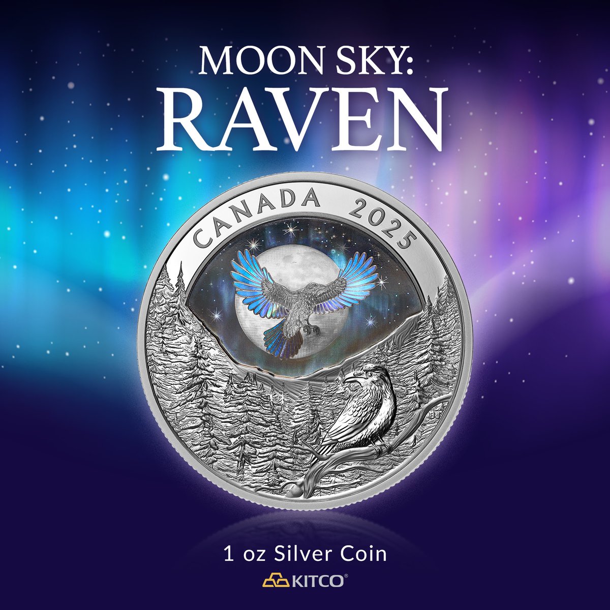 Moon Sky: Raven

Soar beneath a shimmering aurora with the 2025 Moon Sky: Raven silver coin, designed by Nunatsiavut artist Bronson Jacque.

This 1 oz silver coin captures the spirit of the raven in vivid detail, set against a radiant holographic sky and glowing full moon. A