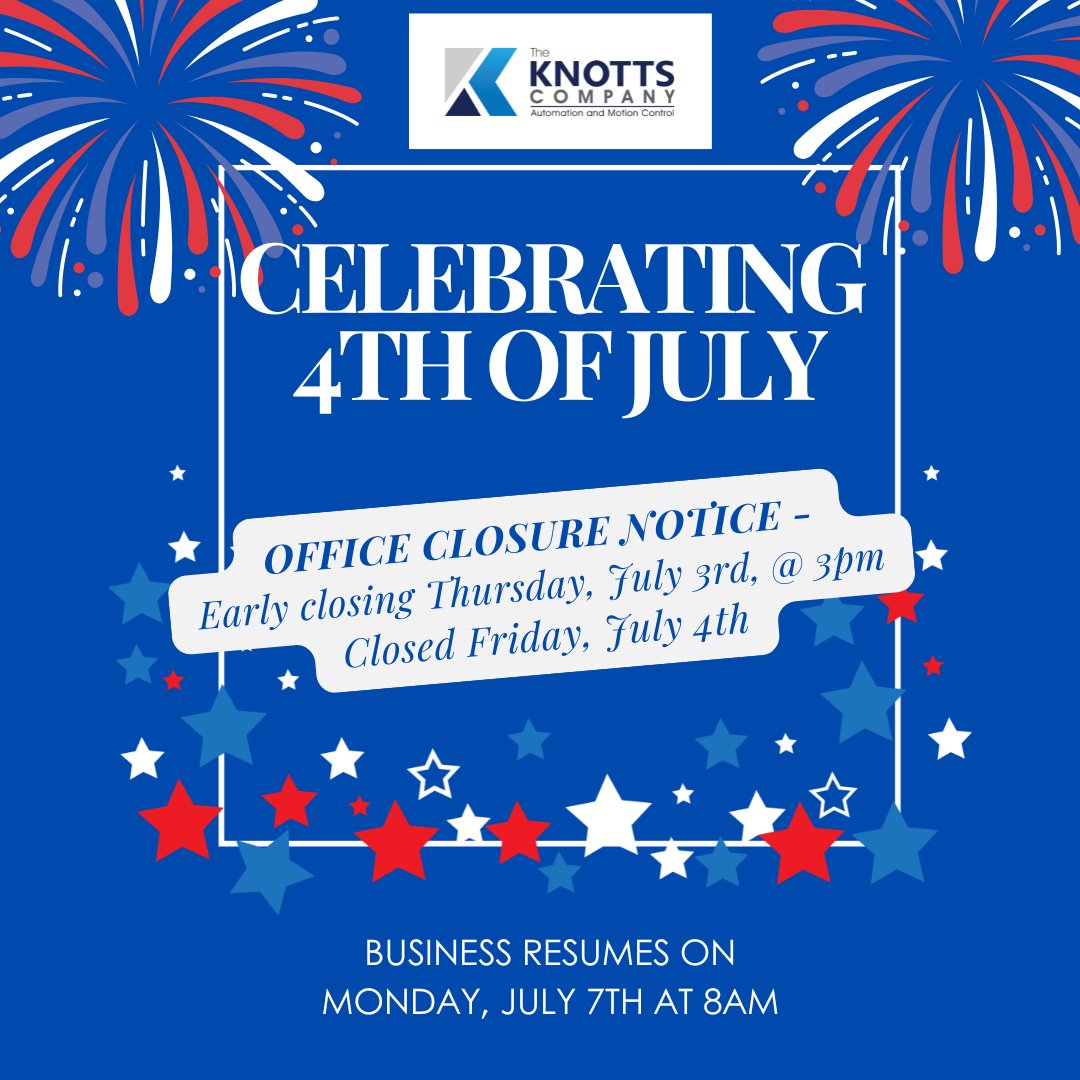 🎇 <a href="/KnottsCompany/">The Knotts Company</a> office will be closing EARLY today, Thursday, 7/3, at 3pm, to get this party with family&amp; friends started.

Our office will also be closed tomorrow, Friday, 7/4, in observance of the Holiday.

From our home to yours, have a safe &amp; joyous Holiday weekend! 🎇