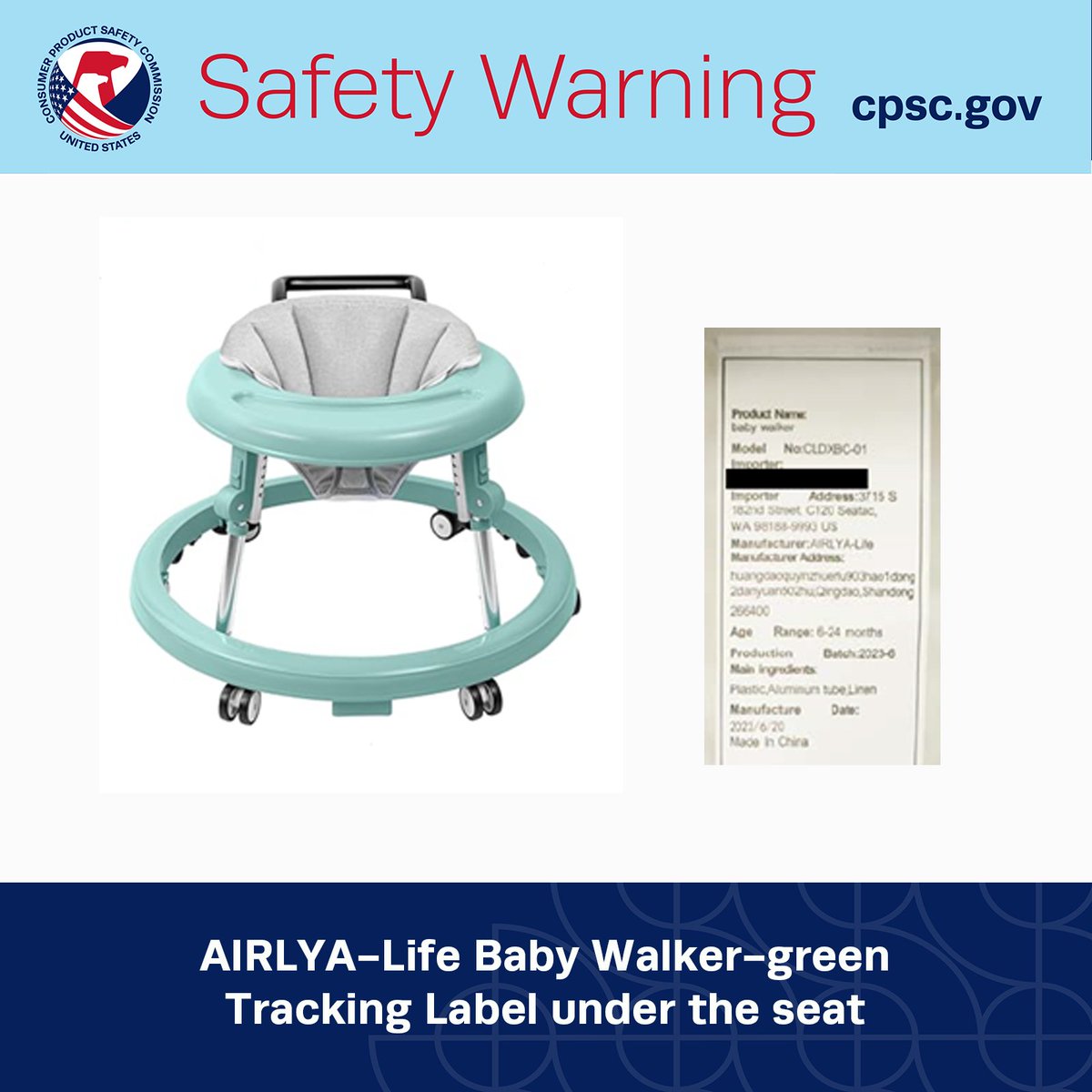 #WARNING:  CPSC is warning consumers to stop using AIRLYA-Life Infant Walkers because they pose a risk of serious injury or death from fall &amp; entrapment hazards. The walkers can fit through a standard doorway and fail to stop at the edge of a step. 

cpsc.gov/Warnings/2025/…