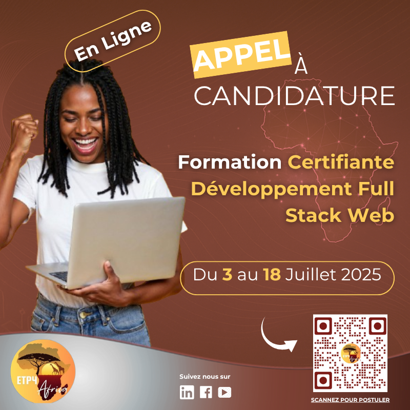 ETP4Africa's tweet photo. 📢A ne pas RATER : ETP4Africa lance sa 7e session 📢

Formez-vous en ligne au métier de Dév. Full Stack Web en 13 semaines, Pratique.
📅 Candidature : jusqu’au 18/07/2025
🚀 Début : 21/07/2025
🔗 https://t.co/EC1zzsk8Ys
Infos : etp4africa@gmail.com
#ETP4A #Session7 #Afrique #web https://t.co/u1MOINspxl