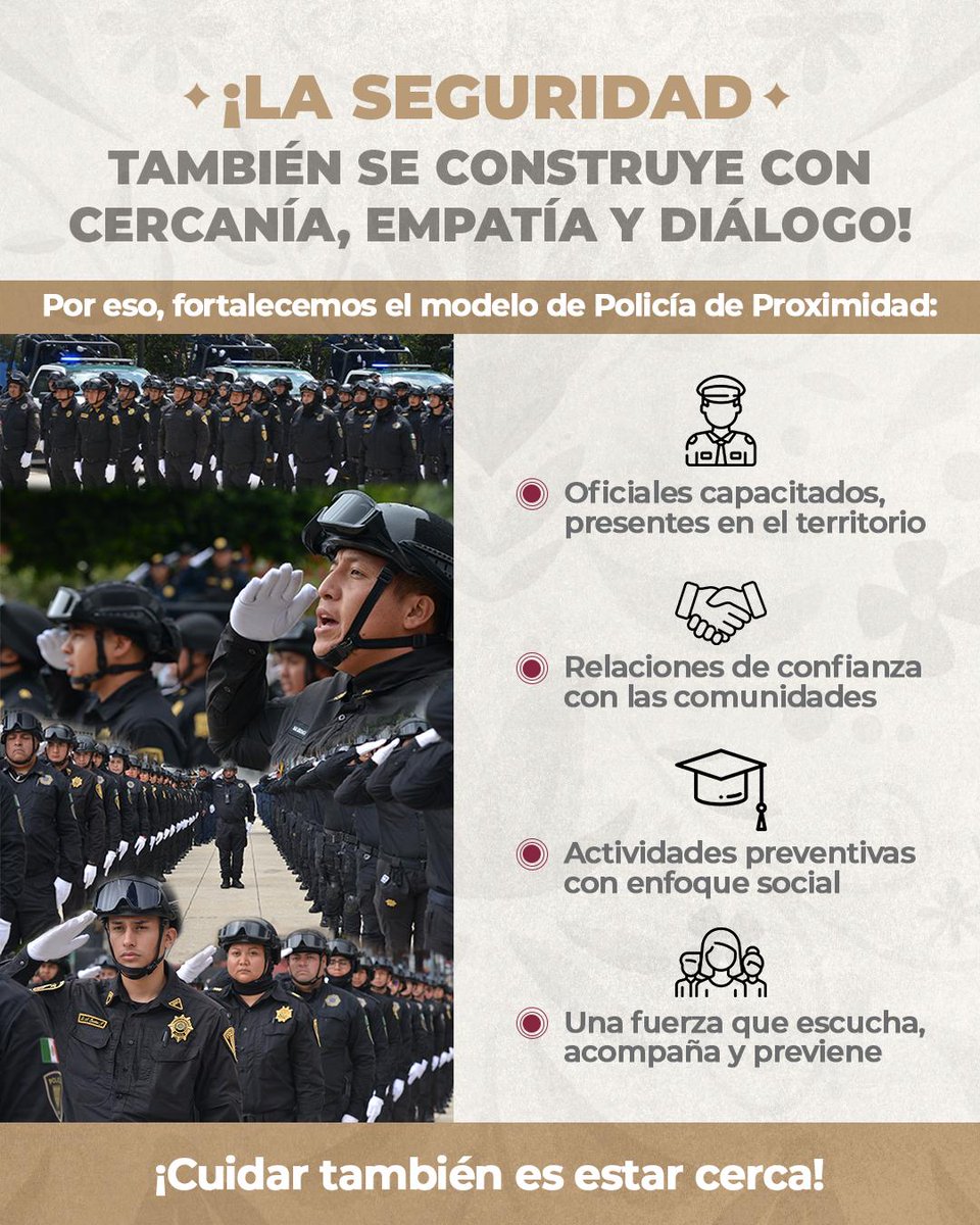 #BuenosDías

La seguridad también se construye con cercanía y diálogo. Por eso fortalecemos el modelo de #PolicíaDeProximidad para que nuestras y nuestros oficiales estén capacitados, presentes en el territorio y construyan relaciones de confianza con la comunidad.

Prevenir,