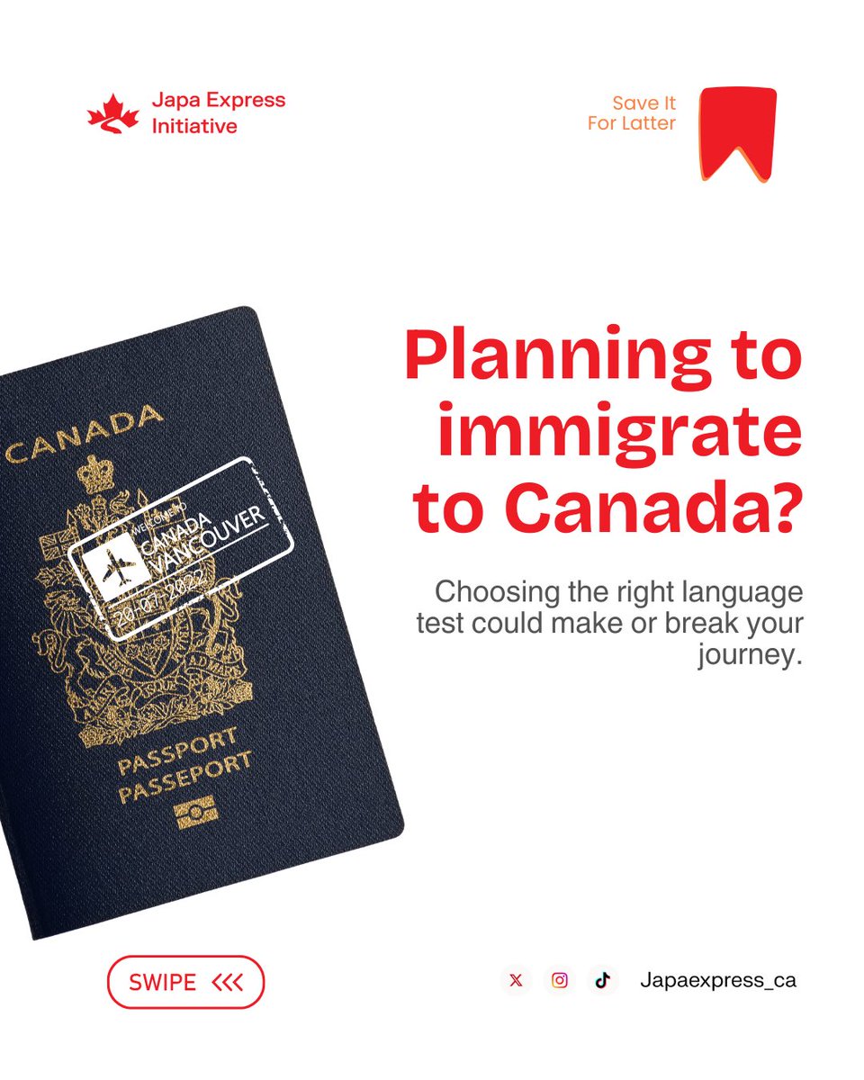 japaexpress_ca's tweet photo. Planning to immigrate to Canada? 

Choosing the right language test is key!

•  IELTS: Accepted globally, Academic &amp; General, Paper/Computer

•  CELPIP: Canada-only, Computer-based, Canadian English

•  TEF Canada: French test, extra CRS points https://t.co/4pdoVMVrd1