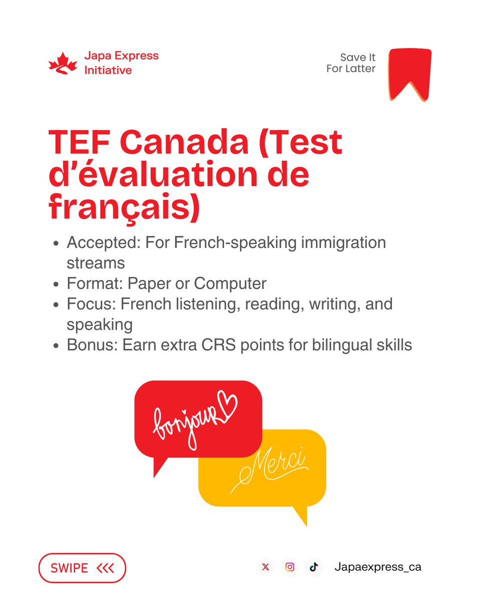 japaexpress_ca's tweet photo. Planning to immigrate to Canada? 

Choosing the right language test is key!

•  IELTS: Accepted globally, Academic &amp; General, Paper/Computer

•  CELPIP: Canada-only, Computer-based, Canadian English

•  TEF Canada: French test, extra CRS points https://t.co/4pdoVMVrd1