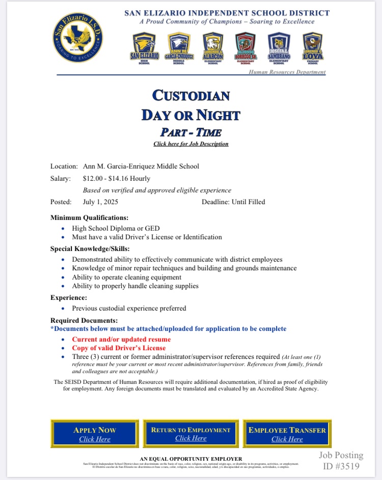 📍We’re hiring!📍 2 Custodian openings 🧹🧼 — full time and part time.  Apply today!  
💎🦅🏆 #SoarTogether
#GrowTogether