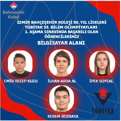 TÜBİTAK Bilim Olimpiyatları 1. aşamasında Bilgisayar alanında gösterdikleri üstün performansla bizleri gururlandıran öğrencilerimizi ve bu başarıya katkı sunan tüm öğretmenlerimizi tebrik ediyoruz. 👏🏻Öğrencilerimize ikinci aşamada başarılar dileriz.❤️💙