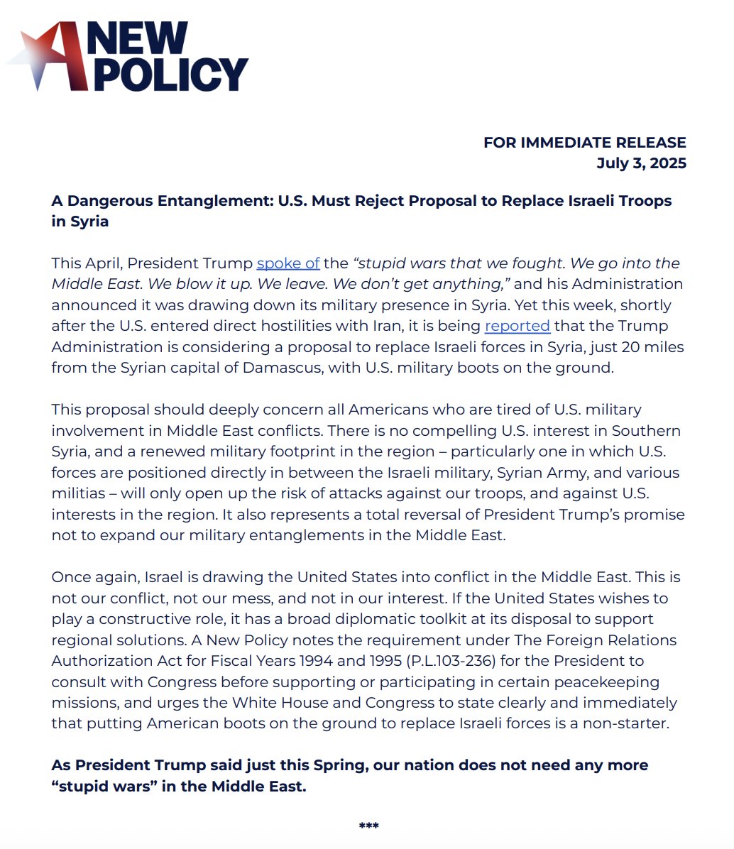 A New Policy statement on reports this week that the Trump Administration is considering a proposal to replace Israeli forces in Syria with U.S. military boots on the ground: