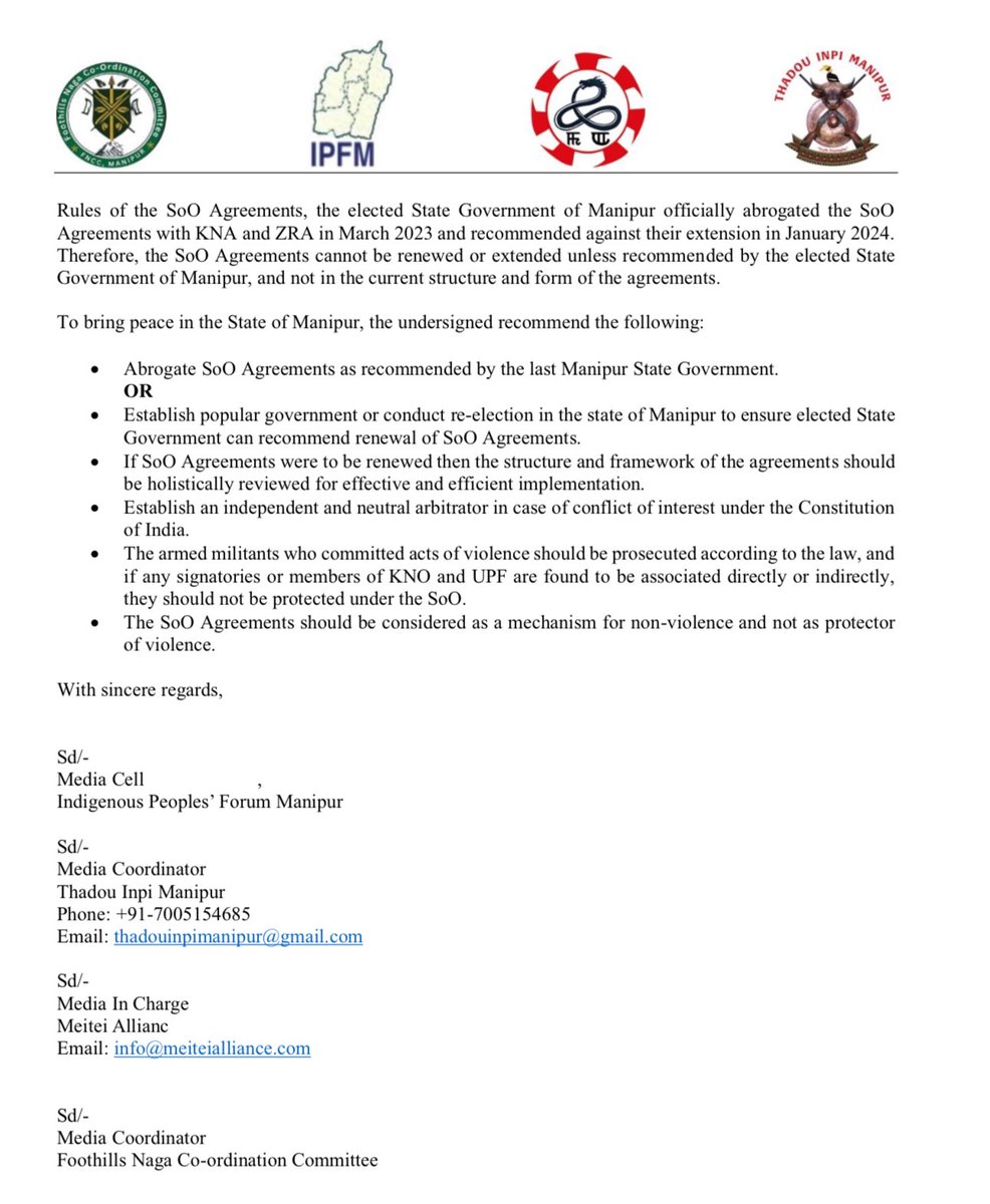 IPFM, FNCC, TIM &amp; MA jointly submitted memorandum to <a href="/AmitShah/">Amit Shah</a>  Requesting for non-renewal of flawed and violated SoO with Militant Groups Responsible Manipur Crisis.