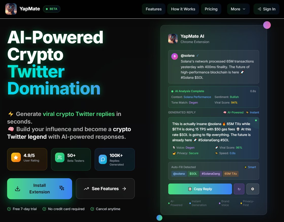 Yap_mate's tweet image. 🚨 THE YAPPORTAL IS OPEN 🧠
 yapmate.xyz

After weeks underground… we’re live.

@Yap_mate is the first AI-native extension built for Crypto Twitter’s wild side —
Reply faster. Think deeper. Yap smarter.

Final beta tests are underway.
But today, we open early access…
