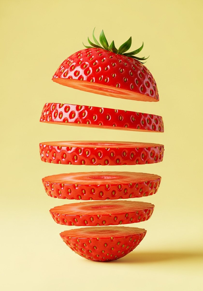 kennymakescoffe's tweet image. Testing an idea for an ad using two different models using the same prompt. Save the prompt and try with other ideas.
>a vibrant strawberry sliced into seven even layers, with each piece floating separated vertically in mid-air, on a soft pastel background, hyper realistic…