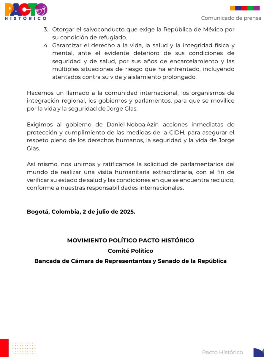 Pacto Histórico Oficial (@pactocol) on Twitter photo Desde el Pacto Histórico nos sumamos al Grupo Interparlamentario Internacional para el apoyo al exvicepresidente de Ecuador Jorge Glas.
Exigimos justicia y acciones inmediatas de cumplimiento a las medidas de la CIDH para la protección de su salud, su seguridad y su vida. Desde el Pacto Histórico nos sumamos al Grupo Interparlamentario Internacional para el apoyo al exvicepresidente de Ecuador Jorge Glas.
Exigimos justicia y acciones inmediatas de cumplimiento a las medidas de la CIDH para la protección de su salud, su seguridad y su vida.