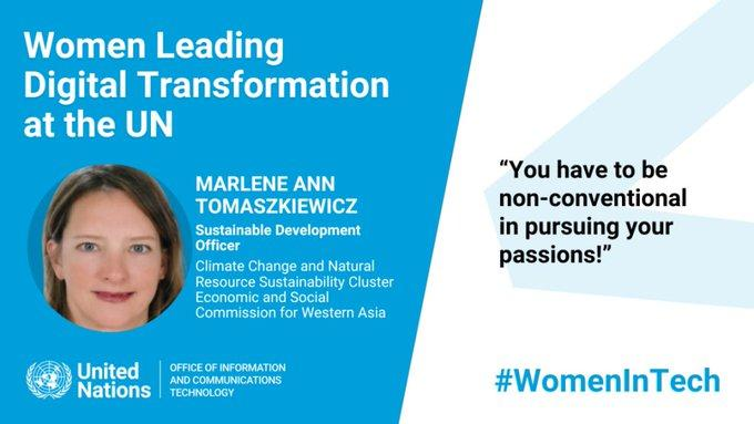 UN_OICT's tweet image. Meet Marlene Ann Tomaszkiewicz, Sustainable Development Officer at @UNESCWA.  

With expertise in water resources engineering, climate change and geospatial analysis, she advances regional climate resilience projects. #WomenInTech 
unite.un.org/WomenInTech-UN…