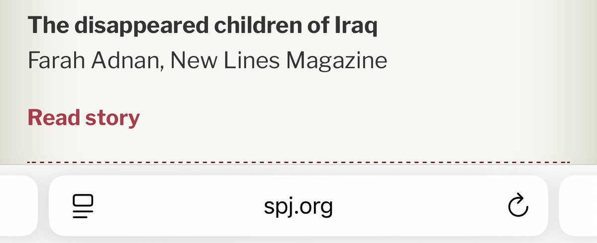 Hassan I. Hassan (@hxhassan) on Twitter photo A new recognition for <a href="/newlinesmag/">New Lines Magazine</a>’s work.
Farah Adnan’s “The disappeared children of Iraq" won a SPJ Sigma Delta Chi Award for Excellence in Crime Reporting category
In good company: spj.org/sigma-delta-ch… A new recognition for <a href="/newlinesmag/">New Lines Magazine</a>’s work.
Farah Adnan’s “The disappeared children of Iraq" won a SPJ Sigma Delta Chi Award for Excellence in Crime Reporting category
In good company: spj.org/sigma-delta-ch…