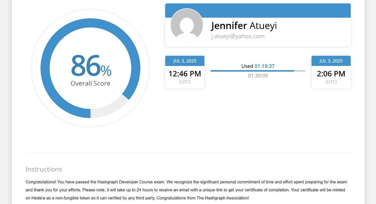 Jeyatueyi's tweet image. I ACED my Hedera Developer Exam &amp;amp; now I’m just waiting for that shiny Certificate Of Completion to drop🎓🔥. 

Big shoutout to @hedera for the killer ecosystem &amp;amp; to @cr8tivesonchain, @DarBlockchain &amp;amp; @kudiegomoney for the endless inspiration!
#Web3 on Hedera! #HBAR #BlockchainDev