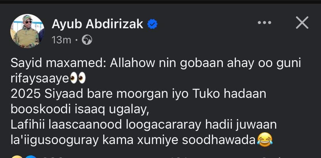 Halgamaassc99's tweet photo. #SSC Qurbaha Jooga waxaan ugu baaqayaa WALAALKEEN in AYNU difaacaano oo grabkiisa Noqno.
@ayuub_kabtan1 Abdirizak-Waxba kama qaadi karaan idoor waa Nin Harti ah.!
KOOXDII PUNTLAND_FIRST EE IDOORKA U HAYSTAY WANAAGSAN HA KU QUUS QAATAAN
#SSC_GENOCIDE NEVER EVER FORGET https://t.co/5V16g6oYXZ