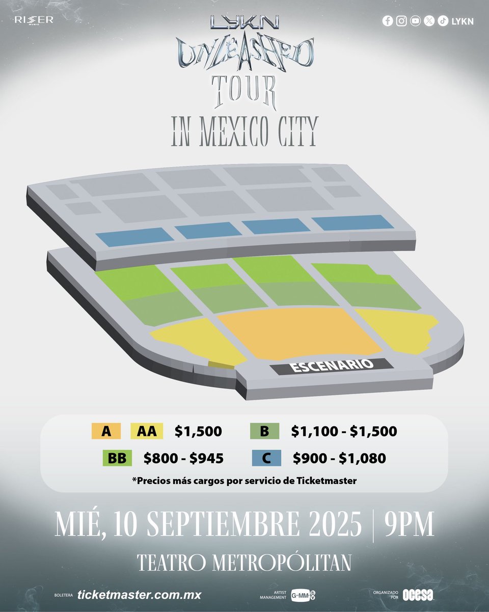 mx_tickets's tweet photo. ⭐️⭐️LYKN en México!!!⭐️⭐️
🎟️Preventa BANAMEX HOY 11 AM
(Ya pueden entrar y dar refresh 10:45)
💵Precios en imagen
🔗LINK: https://t.co/PKIbi59JSd
#lykn #boletos #precios #mapa #paquetes #vip #thaipop #risermusic #teatrometropolitan #preventa #unleashedtour #cdmx #mexico #ticketsmx