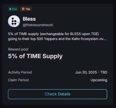 Hey <a href="/KaitoAI/">Kaito AI 🌊</a> community!

<a href="/theblessnetwork/">Bless</a> is allocating 5% of the total $TIME tokens specifically for the top 500 active Yappers. These tokens can later be swapped for $BLESS during the Token Generation Event (TGE).

This is more than just a reward it’s recognition of your