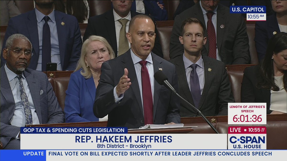 CSPAN (@cspan) on Twitter photo Rep. Hakeem Jeffries (D-NY) has been speaking for 6+ hours.
C-SPAN has a CLOCK so you can keep track, too. 
Watch LIVE on C-SPAN c-span.org/event/us-house… 
The record for the longest speech in the U.S. House is 8 hours and 32 minutes. Rep. Hakeem Jeffries (D-NY) has been speaking for 6+ hours.
C-SPAN has a CLOCK so you can keep track, too. 
Watch LIVE on C-SPAN c-span.org/event/us-house… 
The record for the longest speech in the U.S. House is 8 hours and 32 minutes.