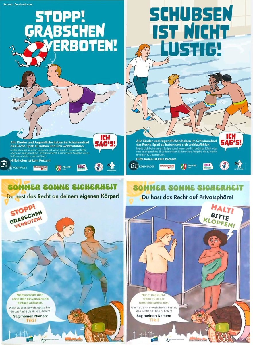 Il y a 3 jours nous apprenions que 9 fillettes avaient été agressées sexuellement par des migrants syriens dans une piscine en Allemagne à Gelnhausen. 

Voici les affiches de prévention contre les agressions sexuelles dans les piscines allemandes 🤡👇