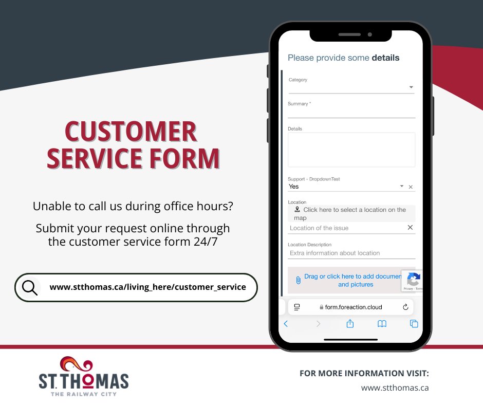 cityofstthomas's tweet image. Can’t call during office hours?
Submit your request online anytime via our customer service form!
#TheRailwayCity #CustomerService