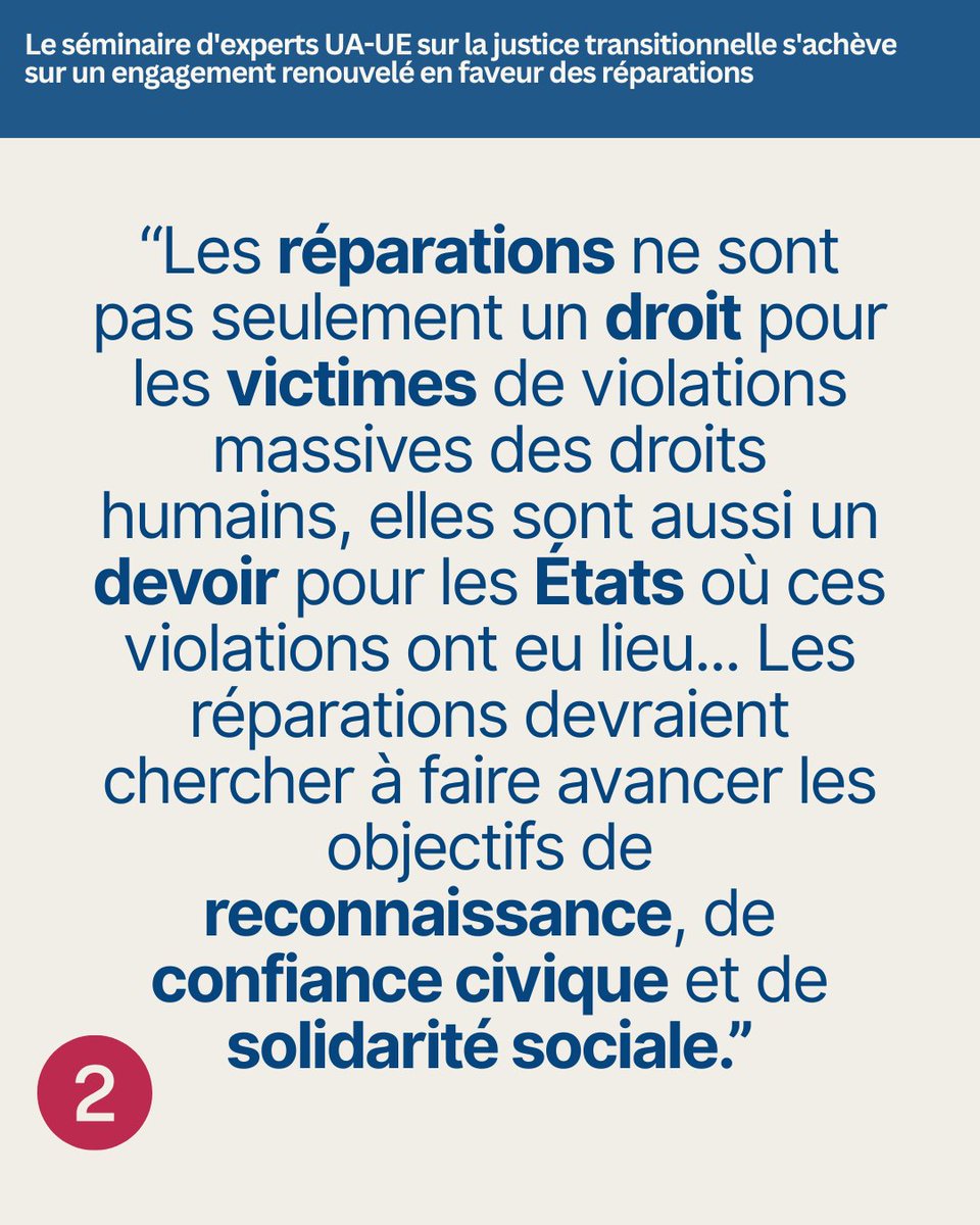 theICTJ's tweet photo. Les réparations sont essentielles à la justice ⚖️ et à la paix 🕊️
Le 5e séminaire UA-UE sur la justice transitionnelle a réaffirmé un engagement fort pour leur avancement.
👉 En savoir plus
https://t.co/zlTA9C1Mcf
#UEAU25 #ITJA https://t.co/Na49ffSLqG
