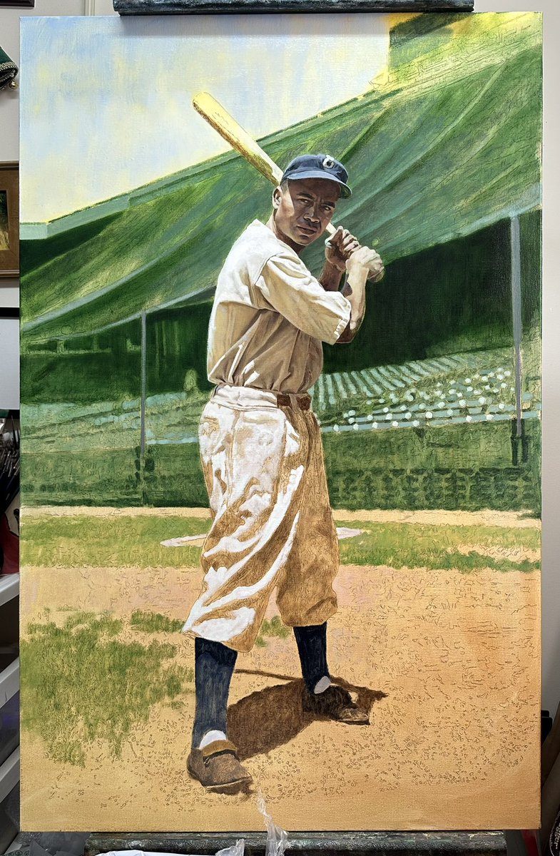 #OTD in 1947, Larry Doby was awoken to a 5:30 AM call from Eagles owner Effa Manley, informing him that the Cleveland Indians had purchased his contract. He’d be reporting to Chicago to join the Indians that weekend. Here’s an in-progress painting of him with Newark in 1946.