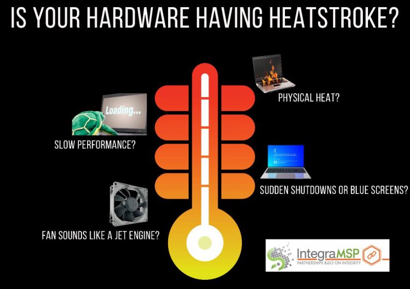 IntegraMSP's tweet photo. Laptop lagging?
Fan sounds like a jet engine?
Getting surprise blue screens?

You might be dealing with heatstroke — and no, turning it off and on won’t save it forever.

Check the signs before the meltdown:
https://t.co/zp4DNUAn7T

#TechTroubleshooting #HardwareHelp #MSPAdvice https://t.co/FZMIXIfzfK